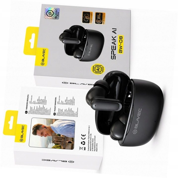 Casti wireless Blavec BW-08, traducere AI, negru, 30h autonomie