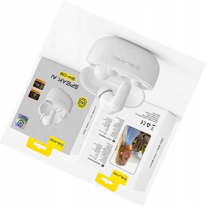 Blavec BW-08 Bluetooth fejhallgató, AI fordítás, fehér, 30 óra üzemidő