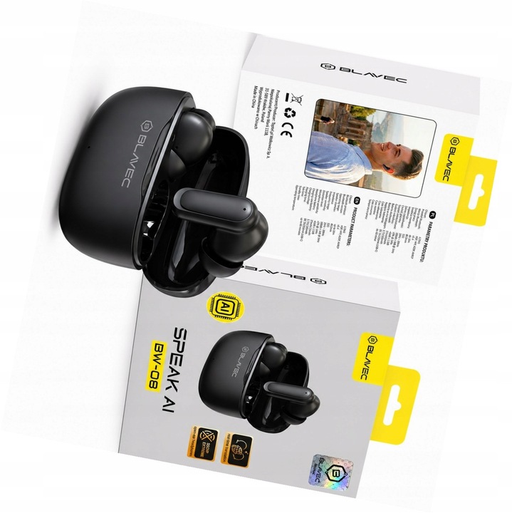 Blavec BW-08 vezeték nélküli fülhallgató, valós idejű AI fordítás, fekete, 13mm, Bluetooth 6.0