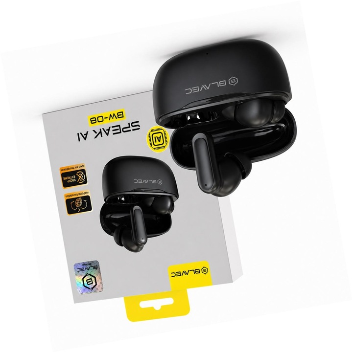 Blavec BW-08 Bluetooth fülhallgató, AI fordítás, fekete, 13mm, 30 óra üzemidő