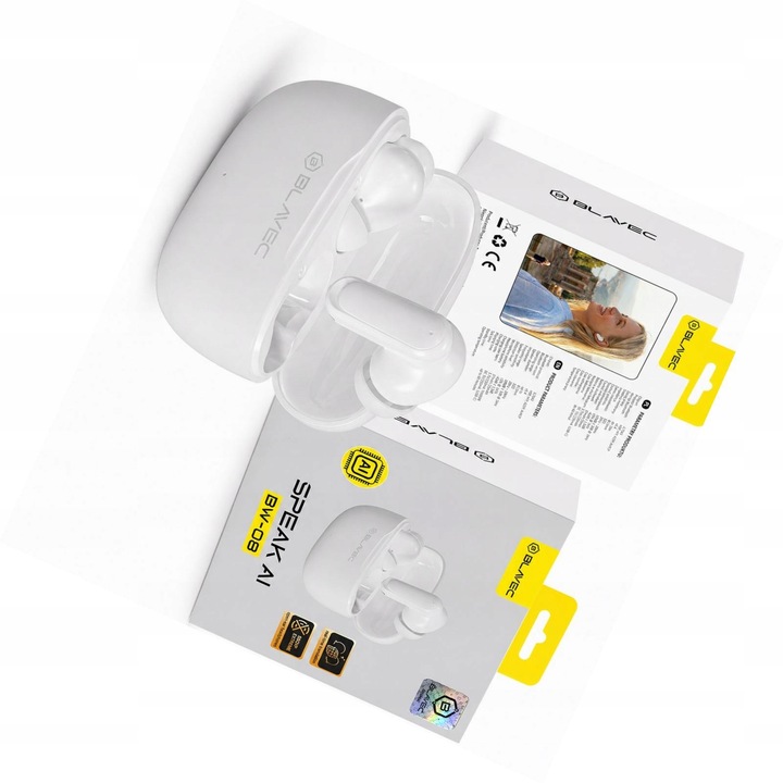 Blavec BW-08 Bluetooth fülhallgató, AI fordítás, fehér, vezeték nélküli, 13mm, 30 óra üzemidő