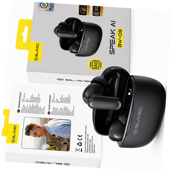 Casti wireless Blavec BW-08, traducere AI, negru, 13mm, Bluetooth 6.0