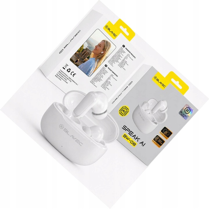 Casti Bluetooth Blavec BW-08, traducere AI, alb, wireless