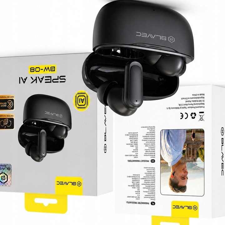 Blavec BW-08 vezeték nélküli fülhallgató, AI fordítás, fekete, 13mm, Bluetooth 6.0
