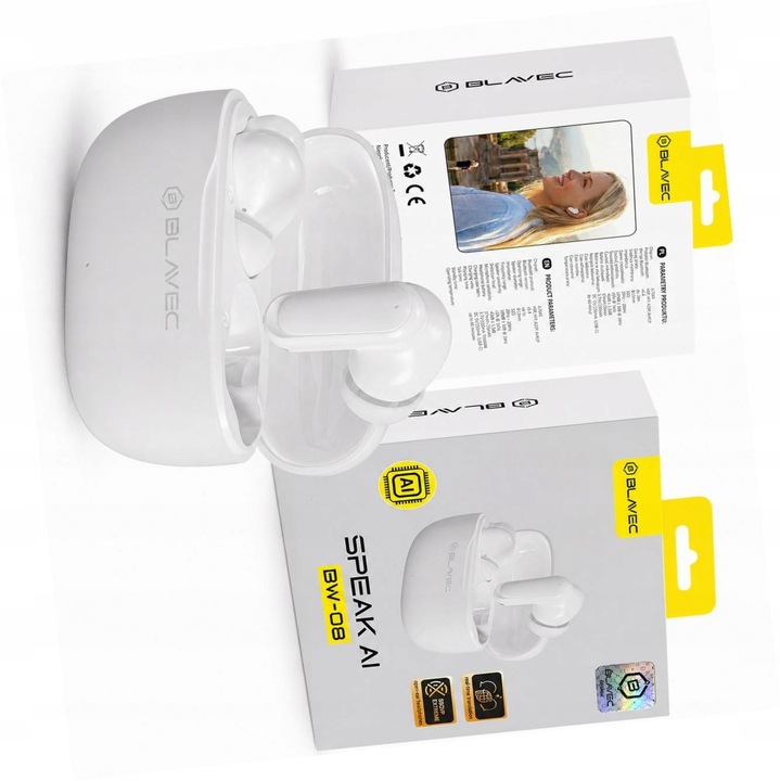 Blavec BW-08 Bluetooth fejhallgató, AI fordítás, fehér, 13mm, vezeték nélküli