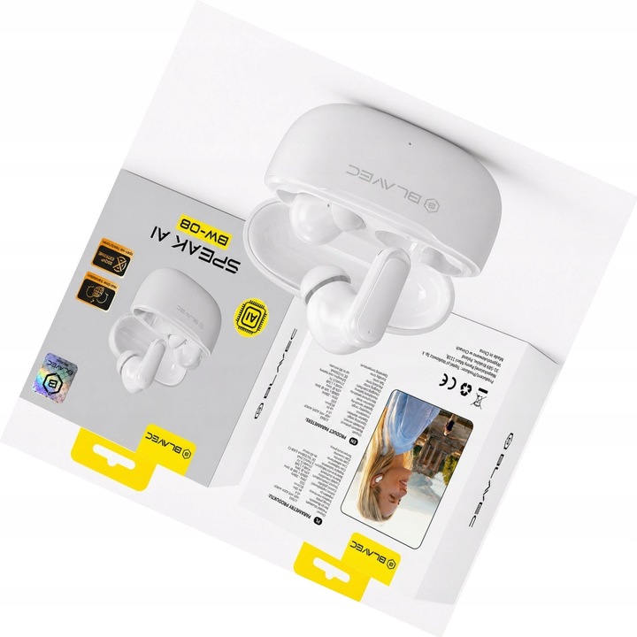 Casti wireless Blavec BW-08, traducere AI, alb, Bluetooth 6.0, 13mm, 30h autonomie