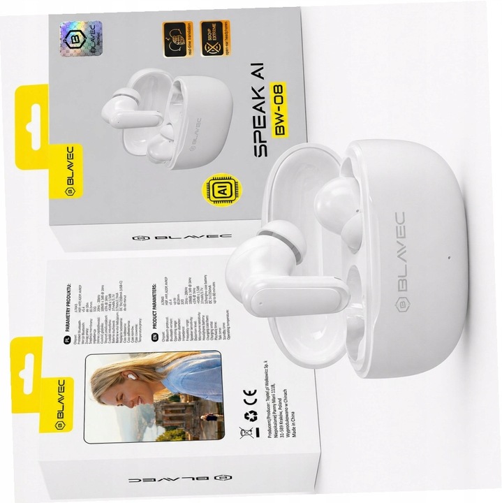 Casti wireless Blavec BW-08, traducere AI in timp real, alb, Bluetooth 6.0, 13 mm