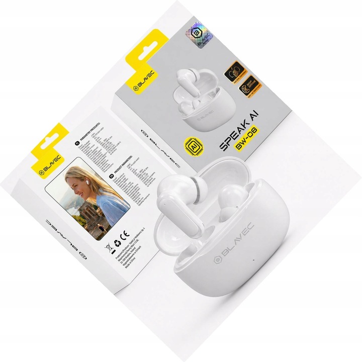 Blavec BW-08 Bluetooth fülhallgató, AI fordítás, fehér, 13mm, vezeték nélküli