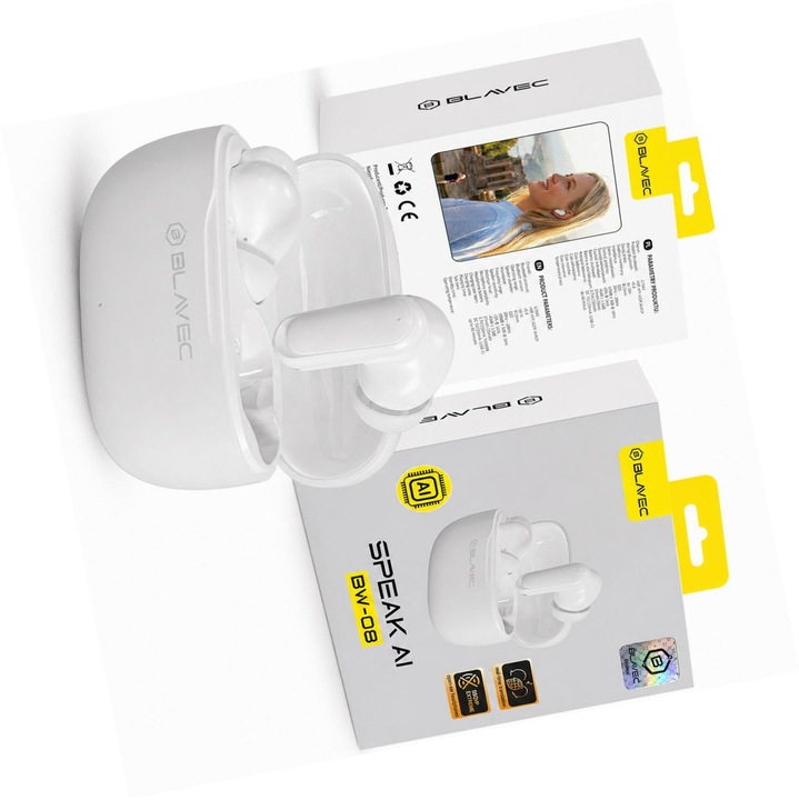 Blavec BW-08 Bluetooth fülhallgató, AI fordítás, fehér, 13mm, vezeték nélküli