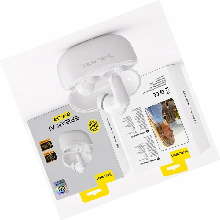 Casti Bluetooth Blavec BW-08, traducere AI, alb, wireless, 13mm, 30h autonomie