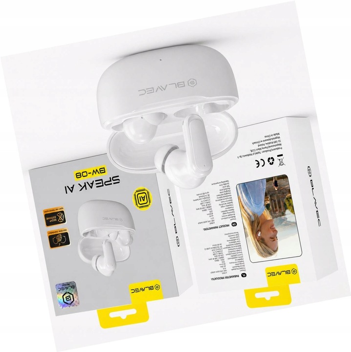 Casti Bluetooth Blavec BW-08, traducere AI, alb, 13mm, wireless