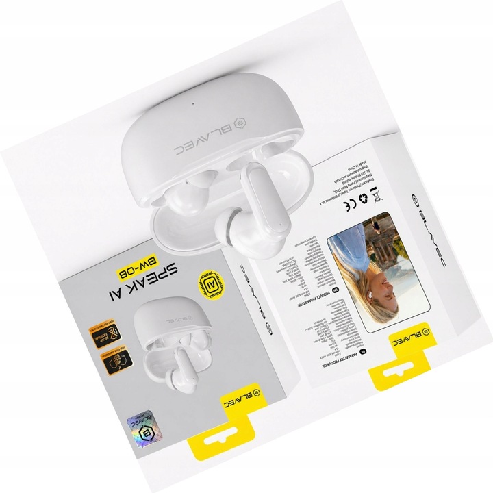 Blavec BW-08 vezeték nélküli fülhallgató, AI fordítás, fehér, Bluetooth 6.0