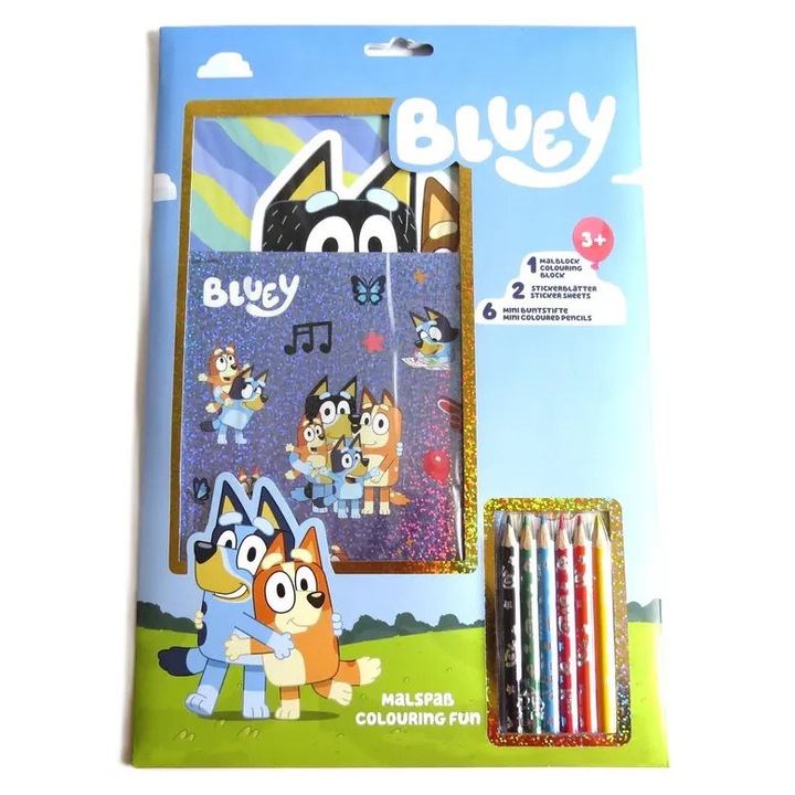 Bluey festménykészlet, könyv, matricák, 6 színes ceruza, többszínű