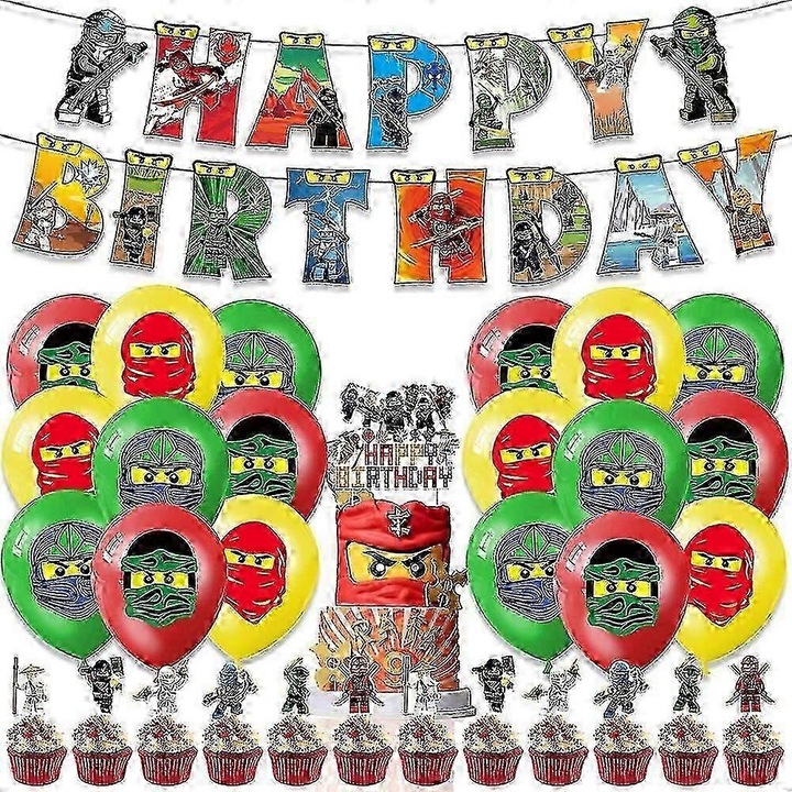 Gyerek parti dekorációs szett, többszínű léggömbök, banner, cupcake topperek, 37 darab