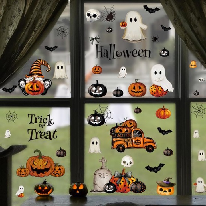 Dekoratív Halloween matricák, szellem és tök, többszínű, szett