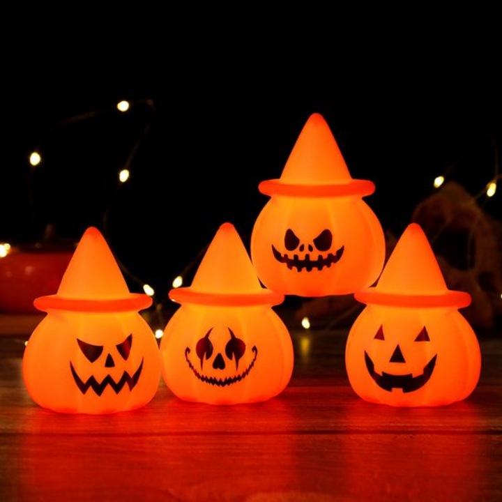 4 db Halloween tök lámpa szett, LED, narancssárga, 7x7.4x9.7cm, bel- és kültéri
