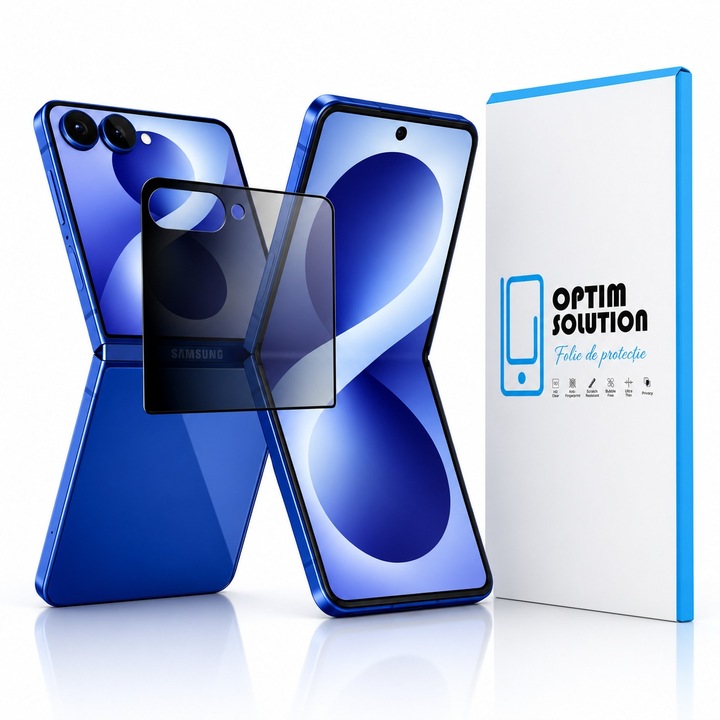Folie Noble PRIVACY Külső képernyő Samsung Galaxy Z Flip 8-hoz, OPTIM SOLUTION, Top Grade 9H+ védelem, Biztonságos kijelző, Érzékeny érintőképernyő, Optim Solution Premium Tech, Fekete
