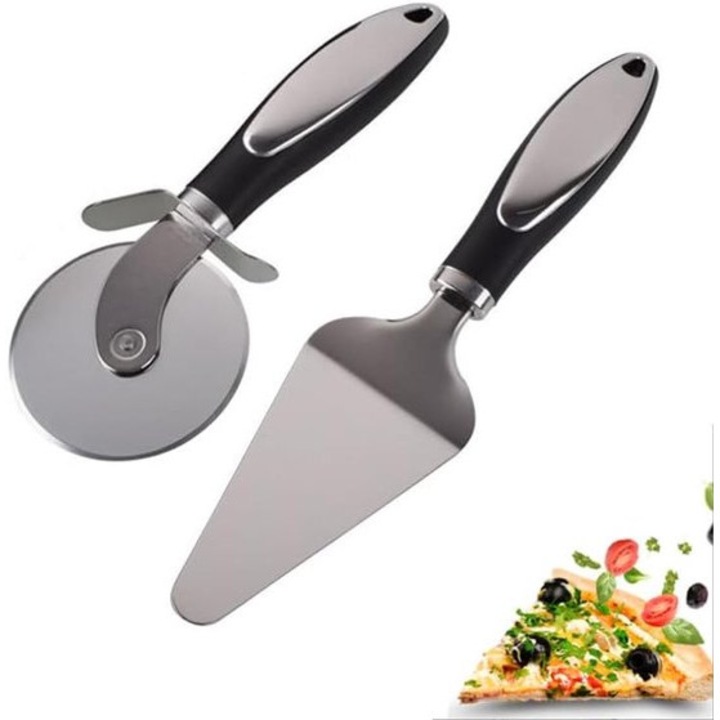 2 db pizzavágó készlet, rozsdamentes acél, csúszásmentes fogantyú, fekete-ezüst