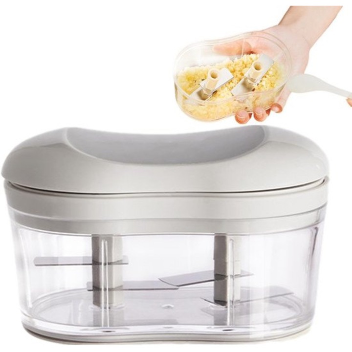 Tocator manual usturoi si legume, inox si PP, multifunctional, alb, compact