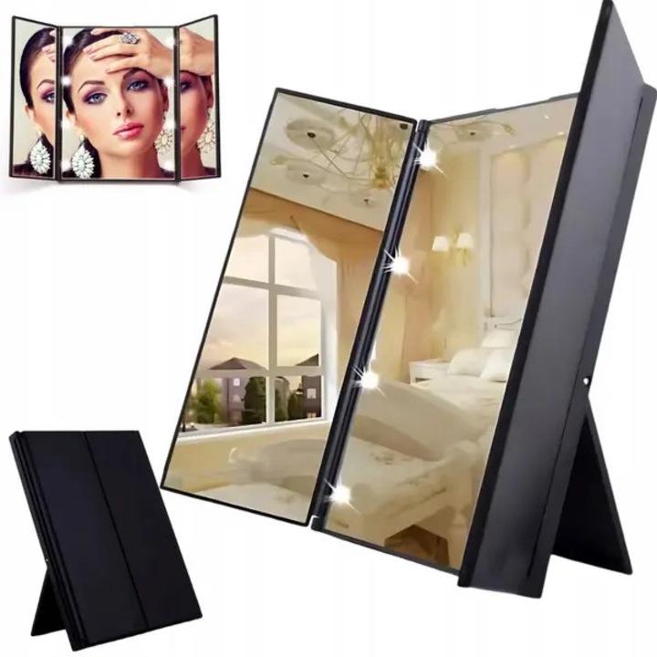 Oglinda cosmetica pliabila cu LED, alb roz negru, 23.5x15.5cm