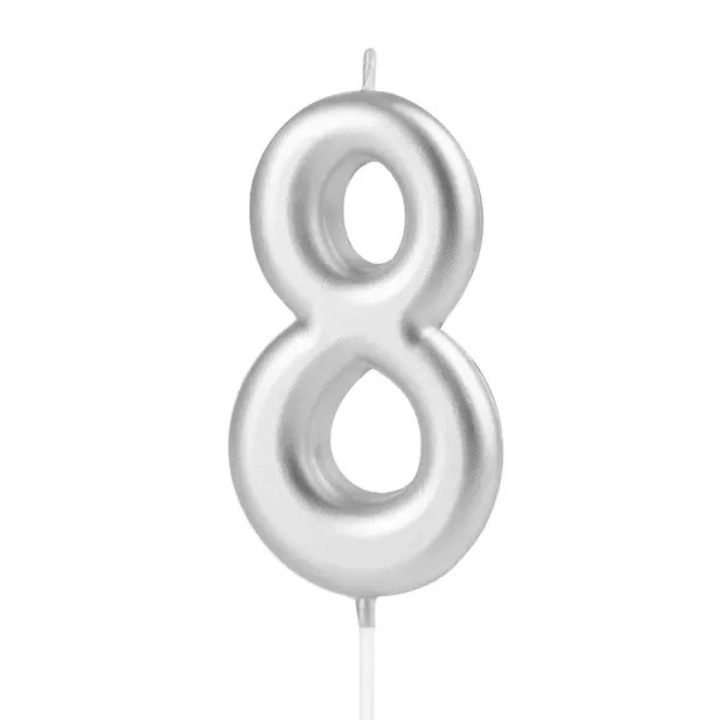 Ezüst színű 8-as számú tortagyertya, 10 cm