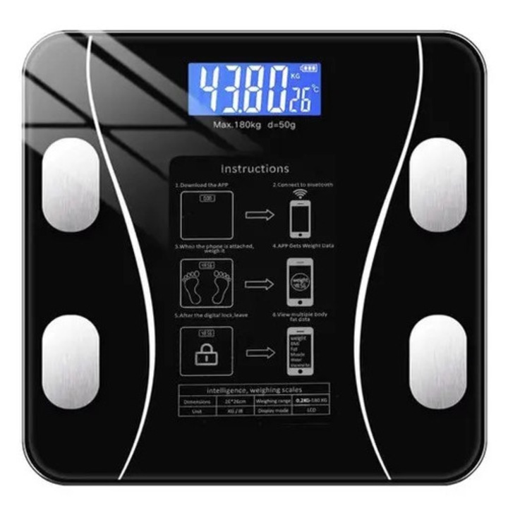 Bluetooth személyi mérleg 8 testértékkel, fekete 26x26x2.2cm