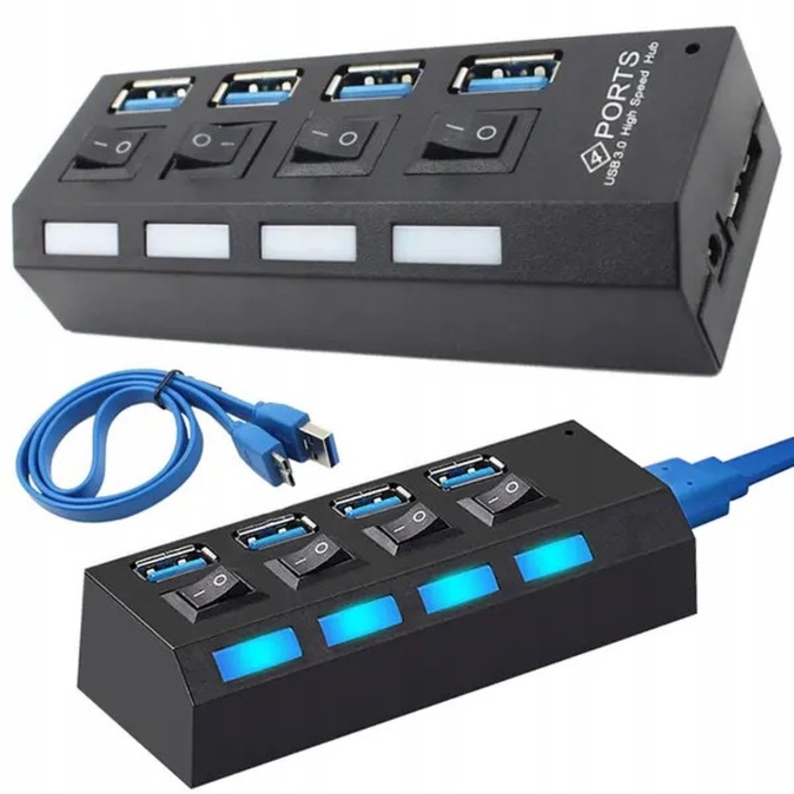 USB elosztó 4 portos 3.0, fekete, 10.5x3.5x2.1cm