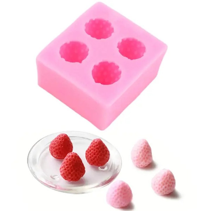 Szilikon forma 3D eper 4 üreges, rugalmas, 6.5x7x3.5cm, többszínű