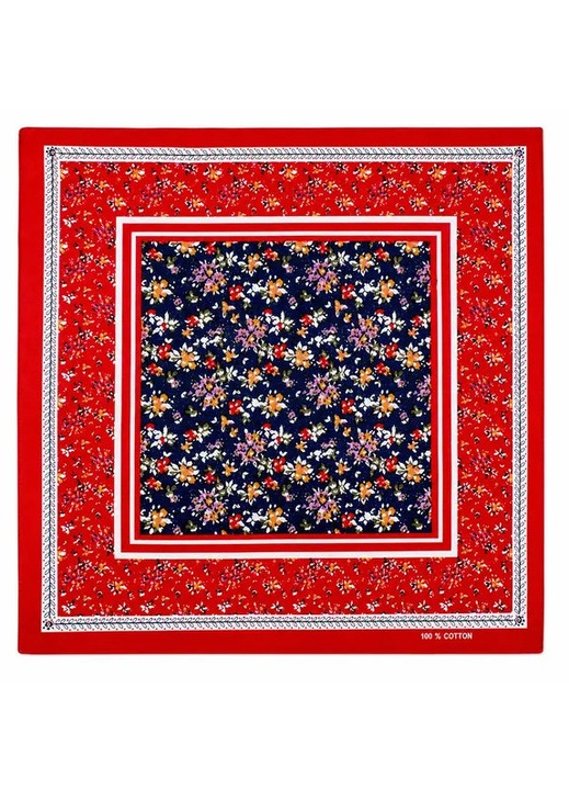 Pamut bandana, négyzet alakú, virágos, piros-kék, 55x55cm