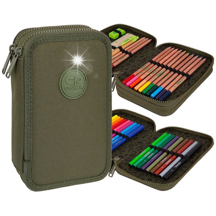 Penar dublu Coolpack Jumper 2 cu accesorii, khaki, 19.5x12.5x5cm
