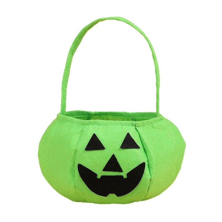 Halloween táska édességeknek, nagy kapacitású, szellem tök design, zöld, 28x20cm