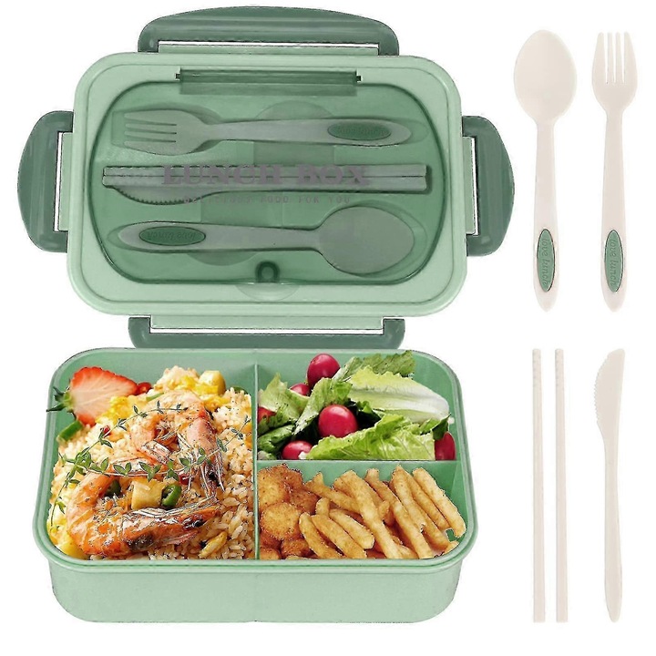 Bento ételhordó doboz 1200ml, 3 rekeszes, zöld, evőeszközökkel, hordozható, szivárgásmentes, 23x16.5x7cm