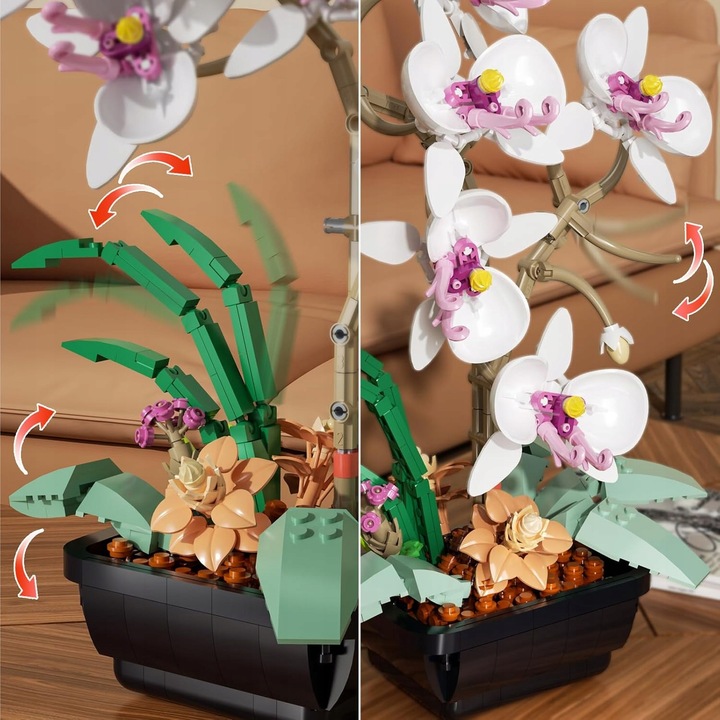 Építőkészlet, 581 darab, fehér, orchidea virág cserépben