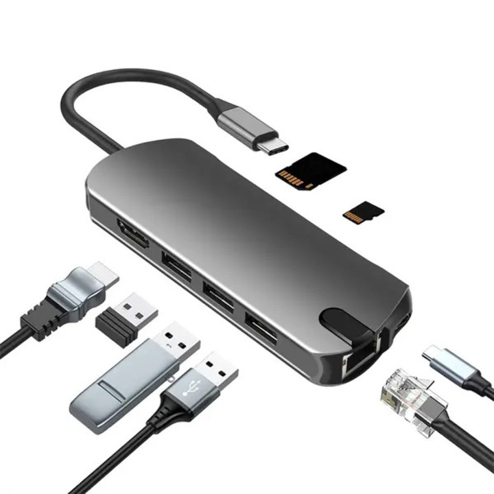 USB-C elosztó 8 az 1-ben, szürke, alumínium, 11x4.2x1.4cm