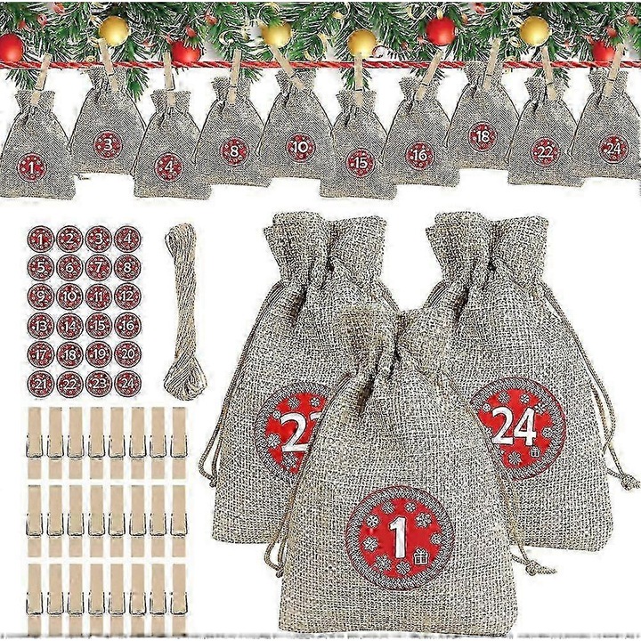 Naptár Advent 2020, juta zsákok, 24 darab, többszínű, 10x14cm