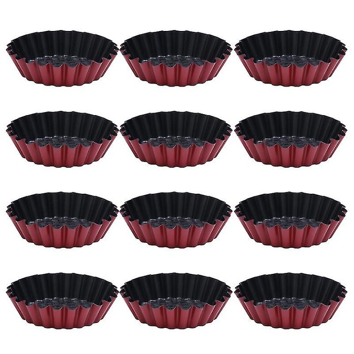 12 db tortaforma készlet, szénacél, piros-fekete, 10x10x2.5cm