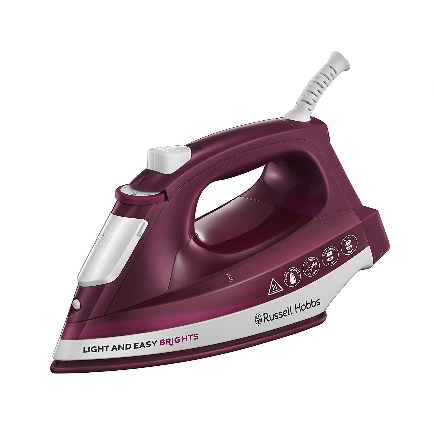 Fier de calcat Russell Hobbs Light & Easy Brights Mulberry 24820-56, Talpa ceramica colorata, 2400 W, 0.24 l, 90 g/min, Mov/Alb