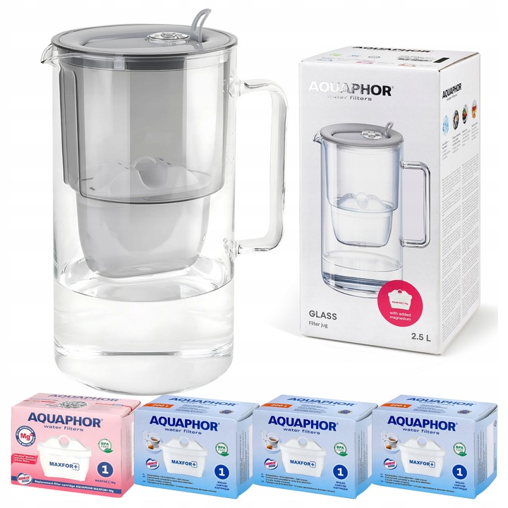Кана за филтриране Aquaphor Glass, стъкло, сива, 2.5л, комплект 4 филтъра
