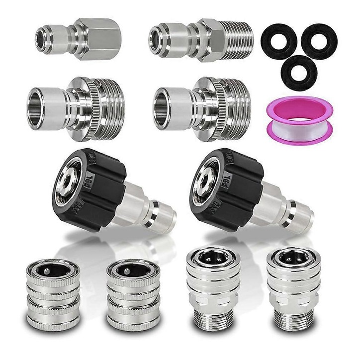 10 db rozsdamentes acél adapter készlet magasnyomású mosóhoz, M22-14mm, ezüst