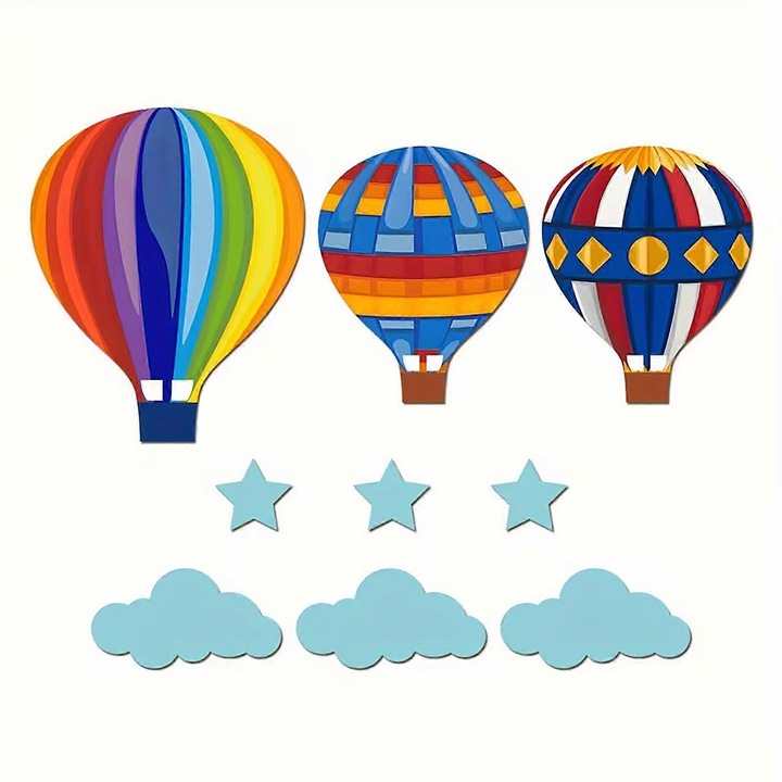 Decoratiune perete copii baloane aer cald lemn multicolor 24.6x30cm set
