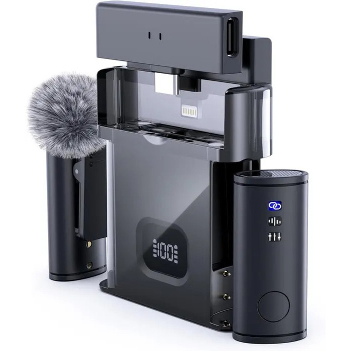 Microfon Lavalier vezeték nélküli mini, 22 óra üzemidő, fekete, 2 adó 2 vevő szett, 40m hatótáv, 2x2x5cm