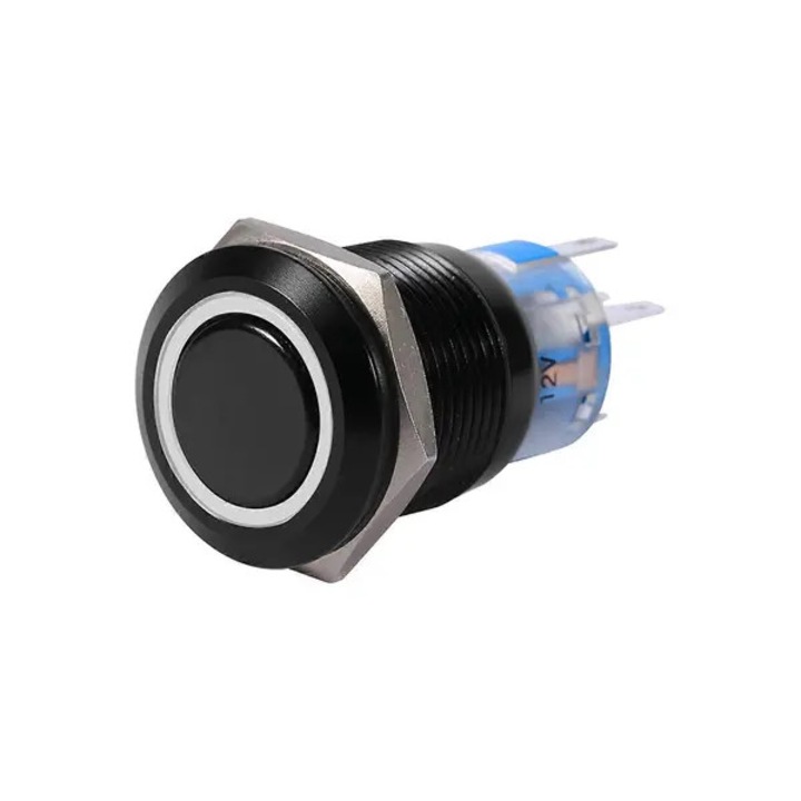 LED nyomógombos kapcsoló, fekete, önzáró, 19mm, 12-24V, vízálló