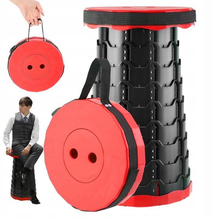 Scaun pliant turistic telescopic, negru-rosu, 45x26cm, 200kg capacitate