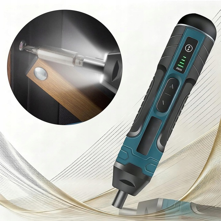 Mini elektromos csavarhúzó, 4 fokozat, LED, 3,7V, 1300mAh, komplett készlet
