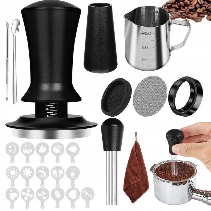 Set tamper cafea 51mm, cana 350ml, inel dozator, alb