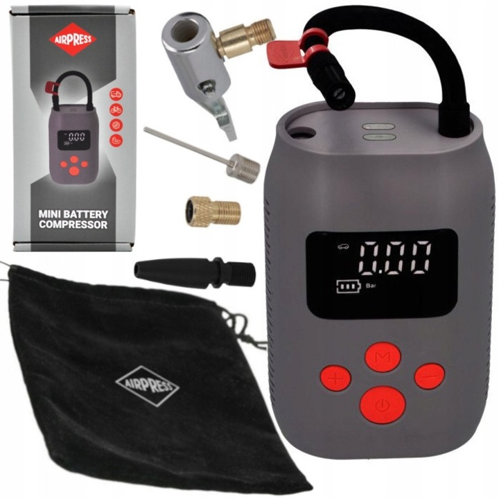 Преносим компресор AirPress Mini, безмаслен, 25L, 8 bar, бял, 8.9x5.2x14.5cm