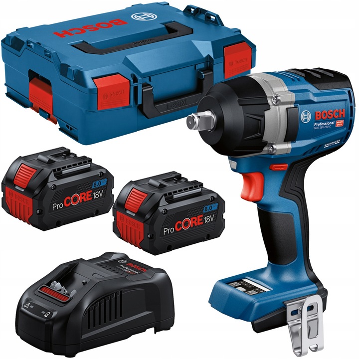 Bosch GDS 18V-750 akkumulátoros ütvecsavarozó, 2x8Ah, 750Nm, 18V, 156mm, komplett készlet