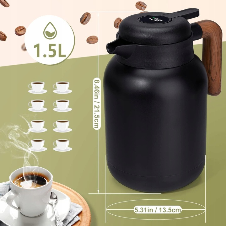 Termosz teaszűrővel, 1.5L, rozsdamentes acél, fekete, 21.5x13.5x9.5cm
