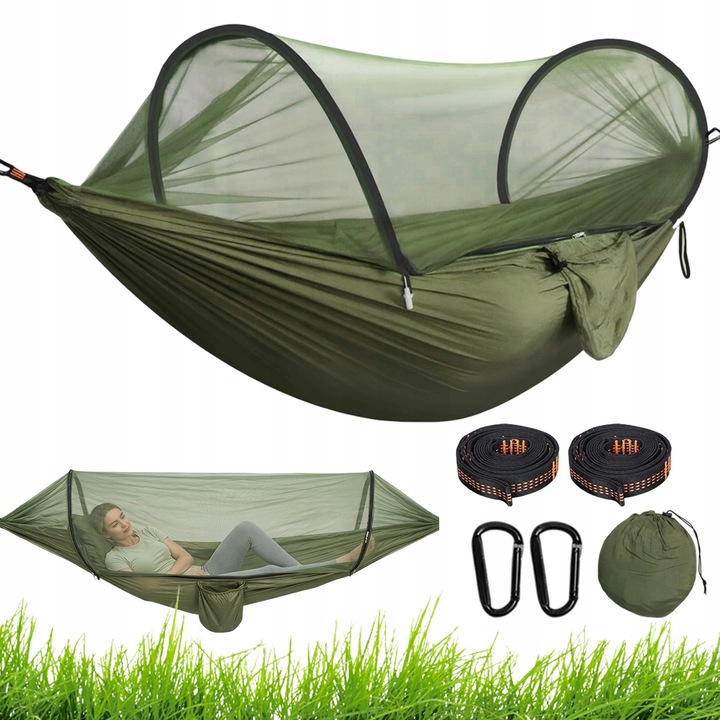 Hamac cu plasa de tantari, 275x140cm, verde militar, nylon 210T, set cu accesorii