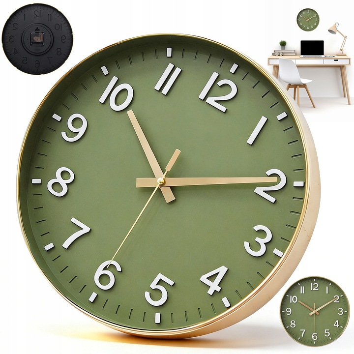 Ceas de perete, 30cm, verde matcha, silentios, cu cifre arabe 3D